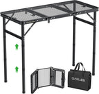 GARLLEN Folding Grill Table Max Capacity 66lbs, 3 Adjustable Height Portable Folding Camping Table with Heat-Resistant Mesh Tabletop, Aluminum Picnic Table for Outdoor, BBQ, Camping, 34.2"L x 15.7"W