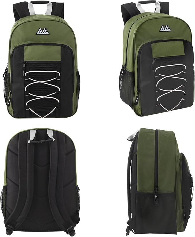 Trail maker (24 Pack) 18 Inch Heavy Duty Bulk Dual Compartment Bungee Backpacks for College, Homeless, Men, Women (Dark Colors Pack)