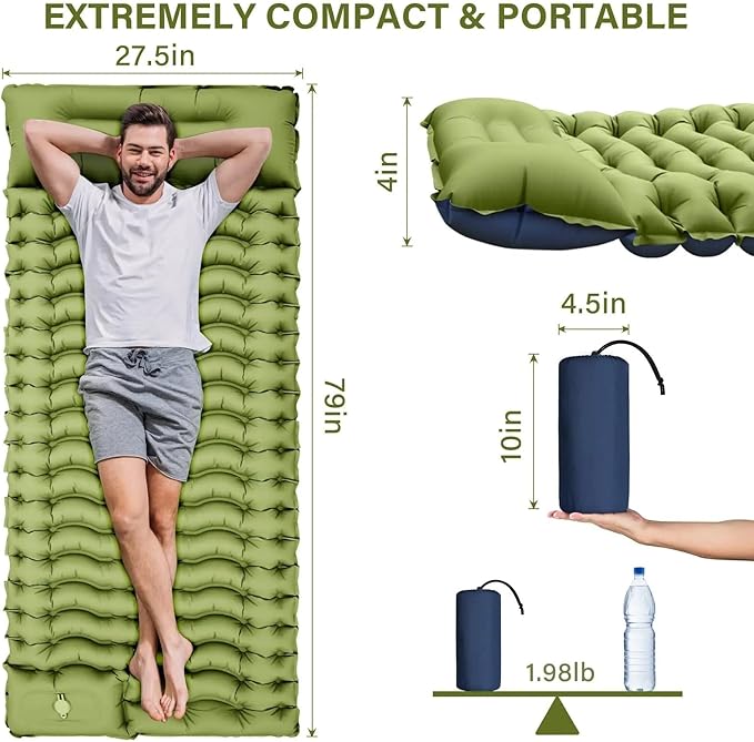 Ultralight Camping Sleeping Pad - Built-in Foot Pump & Pillow Inflatable Mattress for Backpacking Hiking