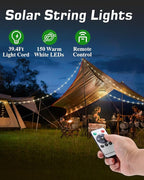 Anpro Solar Camping String Lights 4 in 1: 39.4Ft Ultra Long 150LEDs, 3600mAh Outdoor String Lights Solar Powered and USB Rechargeable Light with Remote Control, Portable Camping Light for Hiking