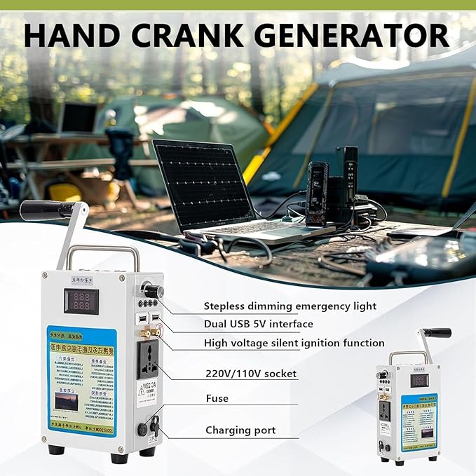 160W Hand Crank Generator, Portable Power Station w/Folding Handle, Aluminum Alloy Small Inverter Generator Rechargeable for Home Camping Outdoor Smartphone Charger