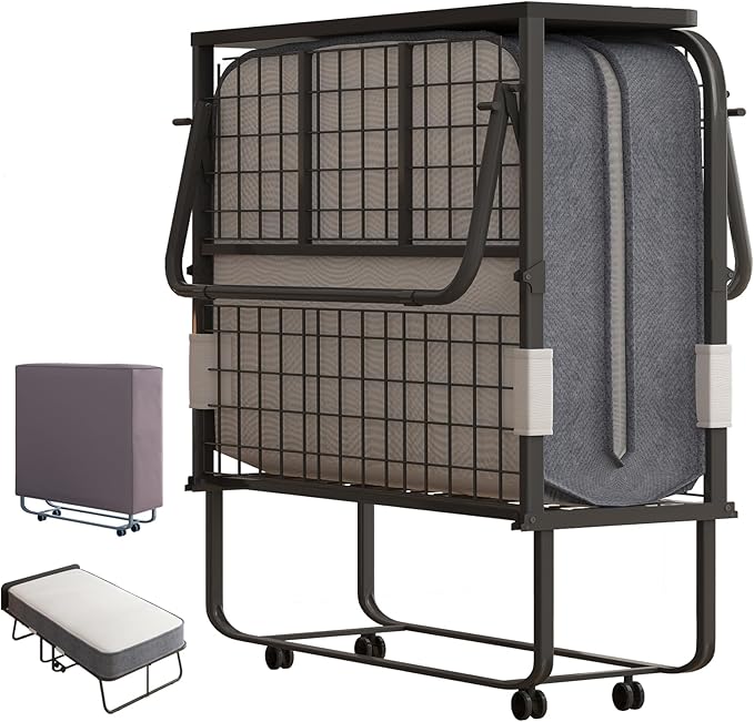 BALUS Folding Bed with Mattress, 75" x 31" Rollaway Bed with Headborad & Dustproof Bag, Portable Fold Up Beds with 5" Rebound Mattress, 2 Locking Caster Foldable Twin Frame for Bedroom/Office（Upgrade）