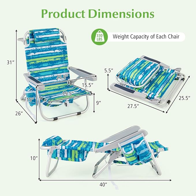 GYMAX Beach Chair, 330lbs Backpack Lounger with 5-Position Backrest, Storage Bag, Side Pocket, Towel Bar & Headrest, Foldable Low Beach Lounge, Portable Aluminum Lay Out Camp Chair (1, Blue)