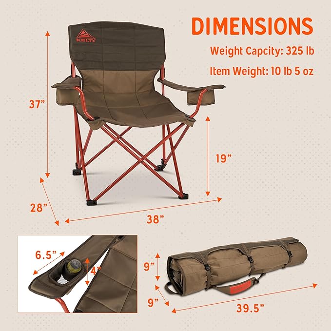 Kelty Deluxe Lounge Chair – Folding Outdoor Camp Chair, Insulated Cupholders, Customized Recline, Steel Frame, Padded Roll Storage, 2024 (Deep Lake)