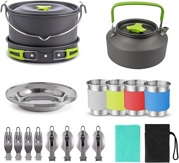 Camping Cookware 20PCS Kit Camping Tableware Set 4 Person Outdoor Cooking Supplies with Bowl Pans Fold Fork for Outdoor Hiking Picnic