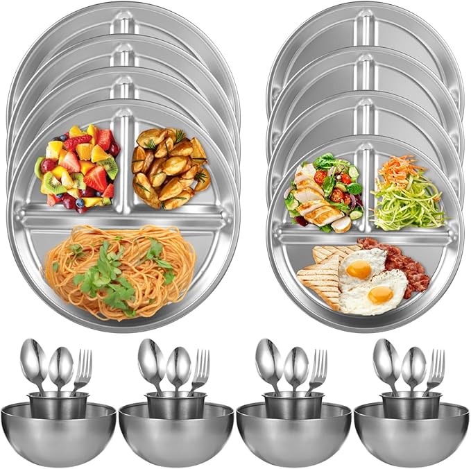 Steel Stainless Camping Dinnerware Set, Hiking Picnic, Outdoor Mess Kit, Backpacking with Polished Tableware, Plates, Bowls, Cups, Spoons, Forks, Pcs 28