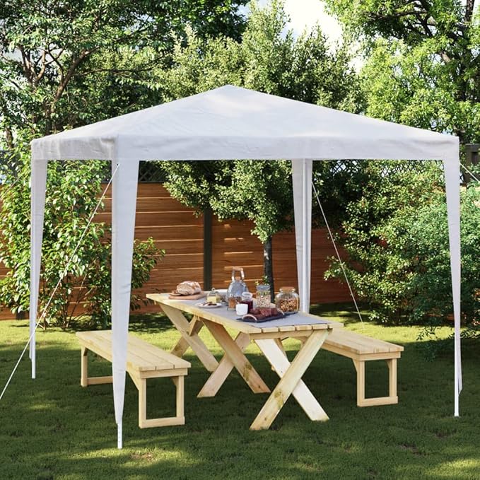 White Polyethylene Party Tent with Iron Frame 8.2 x 8.2 ft Outdoor Canopy for Gatherings and Celebrations, Waterproof and UV Resistant, Easy Setup, Durable Shelter