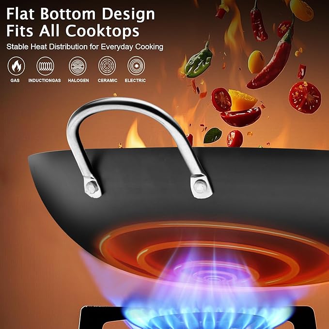WANGYUANJI Carbon Steel Wok 14.2", Large Nitriding Flat Bottom Stir Fry Pan with Lid, No Chemical Coating Rust Resistant Iron Skillet for Induction Electric Gas Stoves, Big Capacity Serves 6+