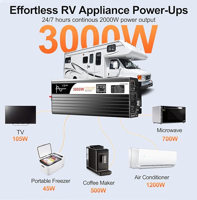 3000W Pure Sine Wave Power Inverter with Bluetooth, 6000W Surge, 12V DC(Range 10V-15V) to 120V AC Converter for Camping, RV, Truck & Home Backup