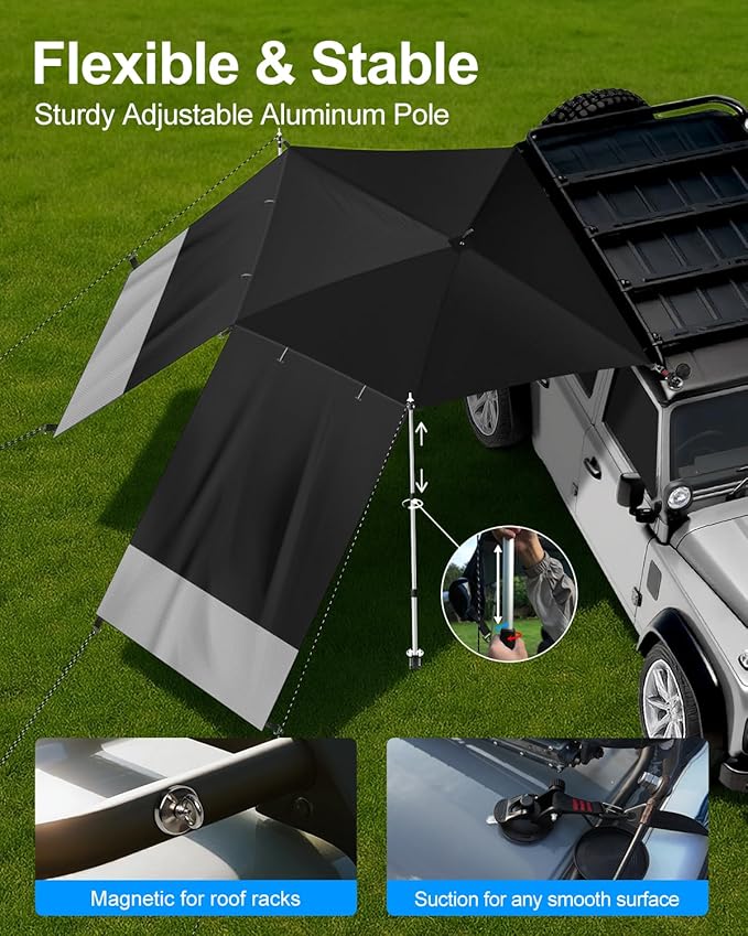 Portable Car Awning for SUV/Truck RV, Shade Waterproof Roof Rack Awning with Side Wall, Heavy Duty Magnets, Suction Cups & Reinforced Poles for Overland, Camping, Beach, Tailgating (Black)