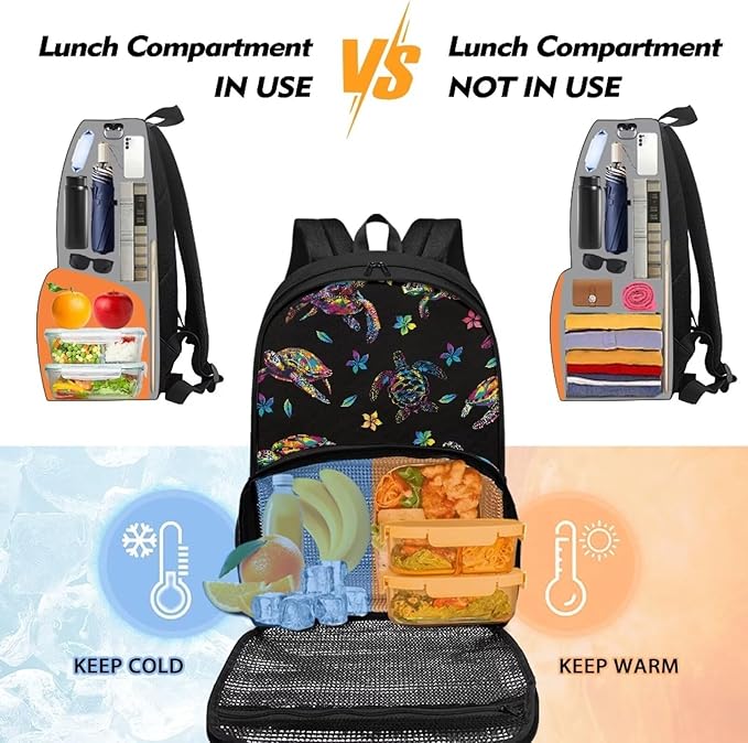 School Bags for Adults Kids, Insulated Cooler Lunch Box Backpack for Middle High School Student, Men Women Office Travel Pianic Hiking Dayback, Sea Turtle Flowers