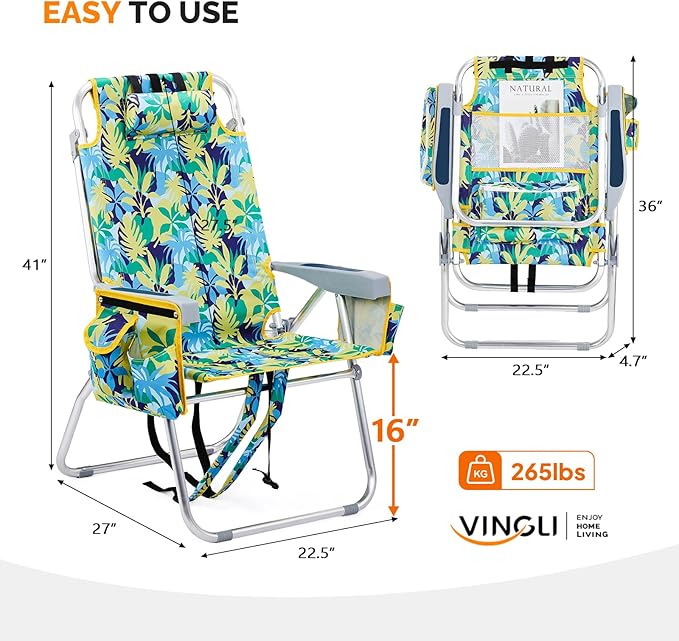 VINGLI Tall Beach Chair 2 Pack Lightweight, Backpack Beach Chair for Adults with 5-Position, Cooler Bag, Cup Holders, Towel Bar, Lightweight Folding Beach Camping Chairs