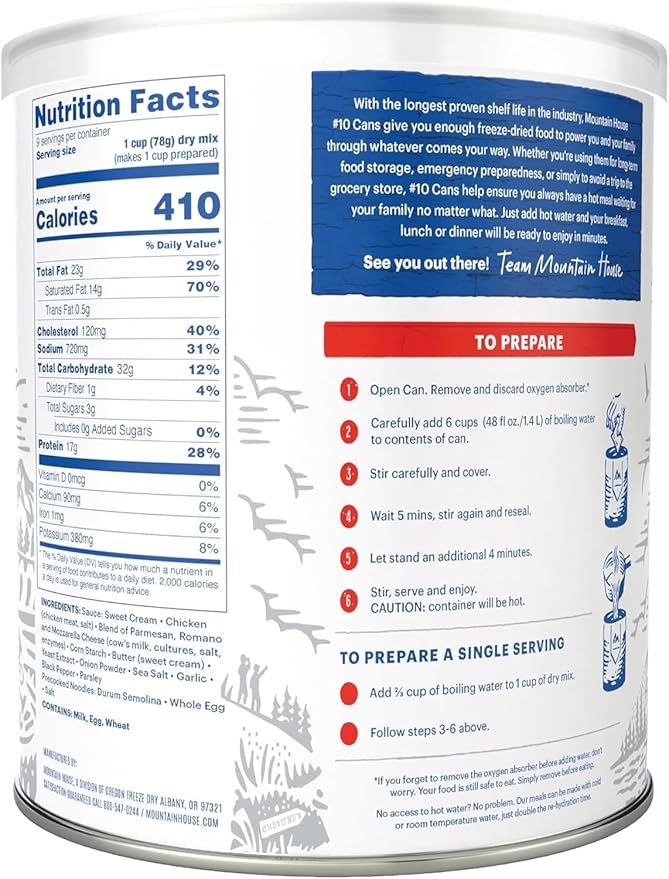 Mountain House Freeze-Dried Fettuccine Alfredo with Chicken #10 Can – 54 Total Servings (6 Cans, 9 Servings Each) – Fully Cooked, Ready-to-Eat Emergency Survival Canned Food – High-Protein Meal for Camping, Hiking, Hunting & Disaster Preparedness – Lon...