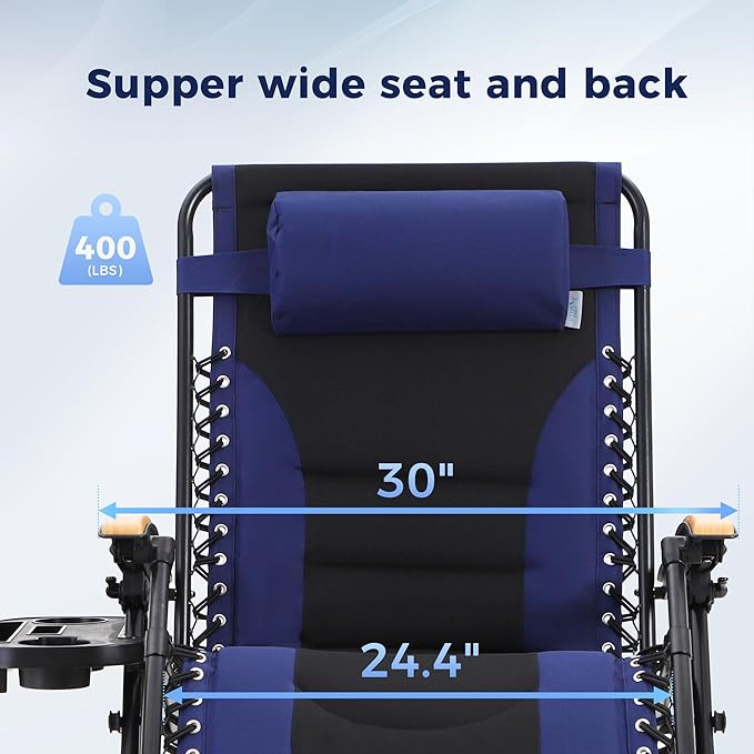 MAISON ARTS Oversized XXL Padded Zero Gravity Chair, 30" Wide Seat Foldable Patio Recliner, Anti Gravity Outdoor Lawn Chair with Cup Holder & Pillow, Supports 400lbs, Blue