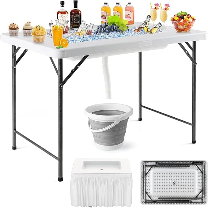 Giantex Foldable Ice Bin Table with Drain & Bucket, Removable Skirt, 48" x 32" HDPE Cooler Table for Parties, Catering, Weddings, Outdoor Events, Portable Fill and Chill Beverage Serving Station