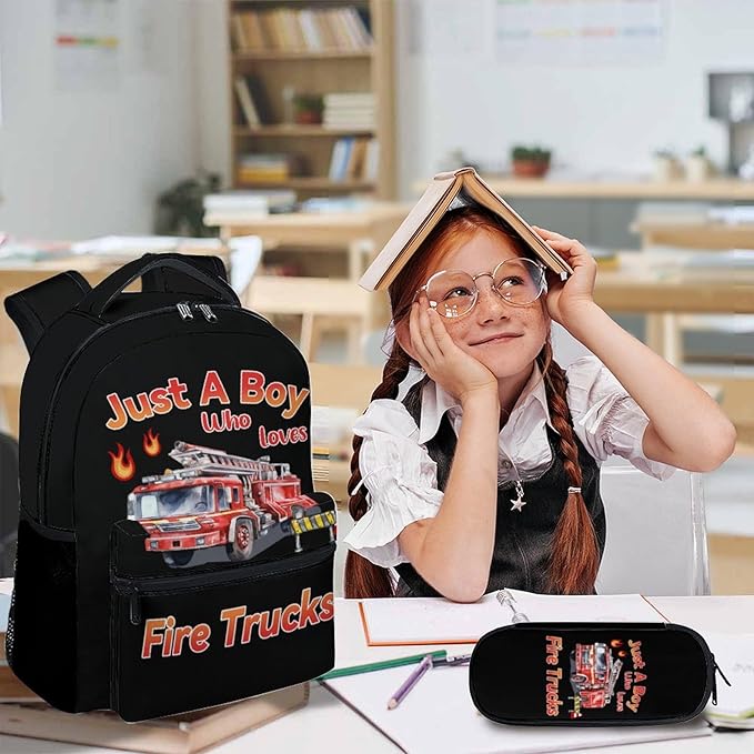 Backpack for Kids Boys, Set of 3 Fire Truck School Backpacks Matching Combo for Children Truck Lovers, Large Capacity Bookbag with Pencil Case Set Bundle for Travel Camp School