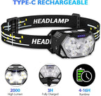 Lsnisni 9 LED Rechargeable Headlamp 2 Pack, 2000 Lumen Super Bright 10 Modes Motion Sensor Head Lamp with White Red Light, Waterproof Headlight Flashlight with USB C Cable for Camping Hiking Fishing