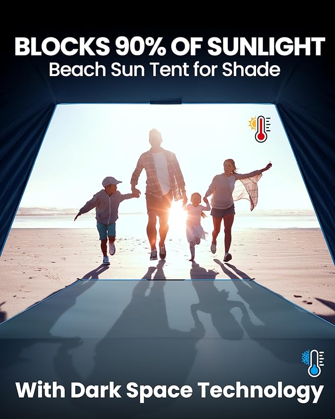 OutdoorMaster Beach Tent with Blackout Shelter Technology, Portable Sun Shade Shelter 4 Person, Pop Up Beach Tents with UPF 50+ UV Protection, 9.5mm Thick Pole, 3 Ventilating Mesh Windows -Blue