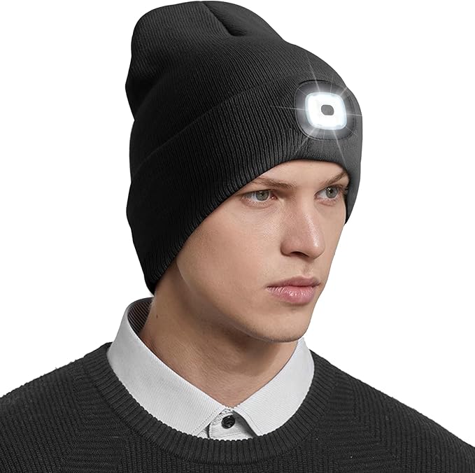 Unisex LED Beanie with Light, Rechargeable Headlamp Hat, Valentines Day & Birthday Gifts for Men Women, Husband, Warm Knitted Cap White Elephant Gifts for Dad Adults Teens Men Women Him