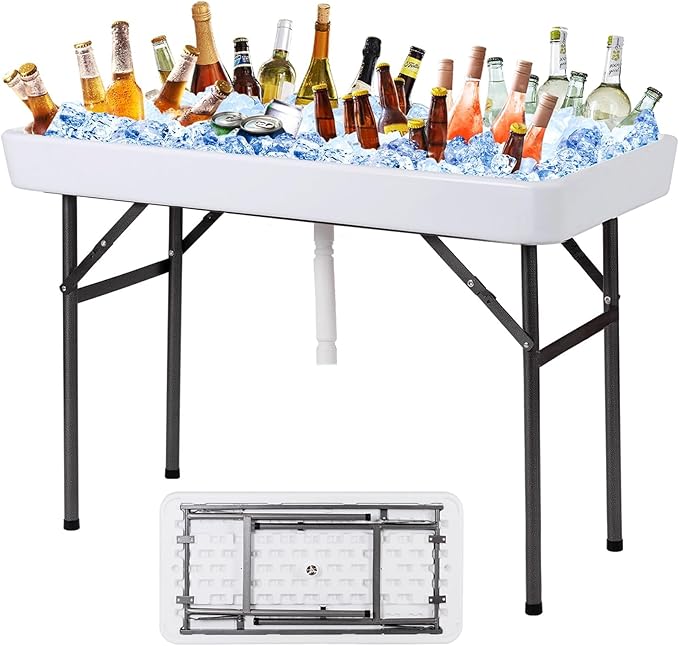 Giantex Folding Ice Table with Drain, 4 ft Portable Cooler with Removable Skirt, No Assembly, Fill and Chill Table for Food Drink Beverage, Foldable Party Ice Bin for Camping BBQ Outdoor, White