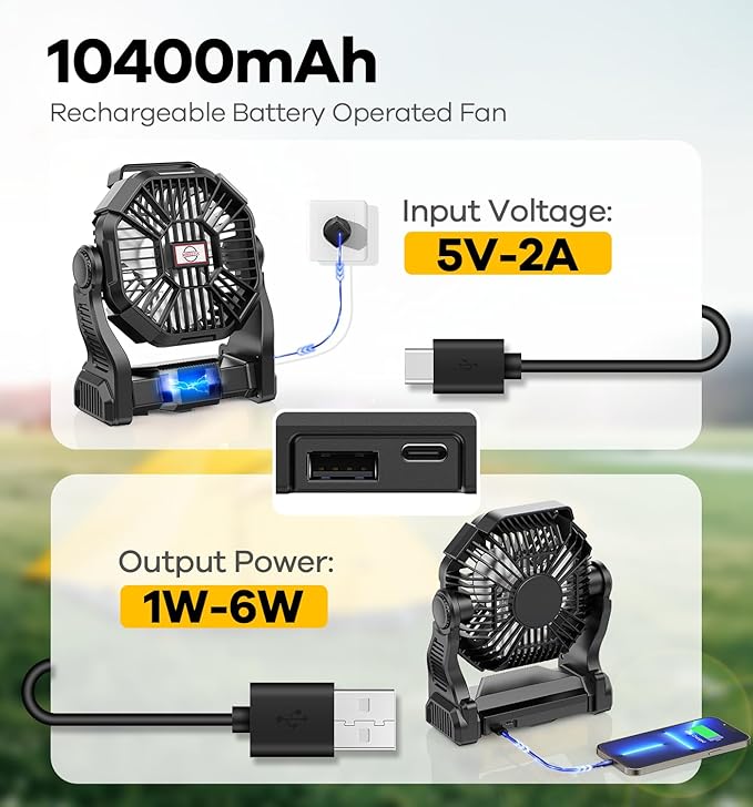 15000mAh Portable Battery Powered Camping Fan - with LED Light, Quiet Battery Operated, Camping Gear for Travel, Tent, Beach, Car or Hurricane Power Outages，Black