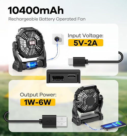 15000mAh Portable Battery Powered Camping Fan - with LED Light, Quiet Battery Operated, Camping Gear for Travel, Tent, Beach, Car or Hurricane Power Outages，Black