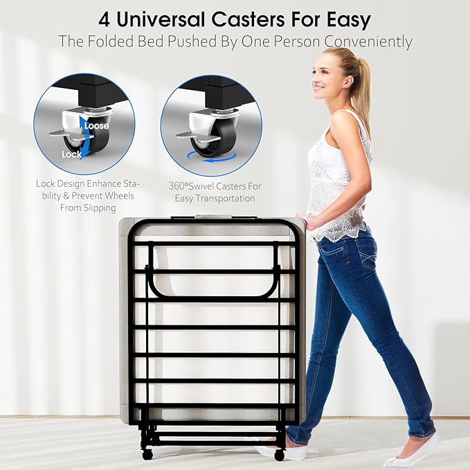 Folding Bed with Mattress, Portable Foldable Bed on Wheels for Adults, Memory Foam Mattress and Metal Frame, Space Saving Roll Away Beds for Easy Storage