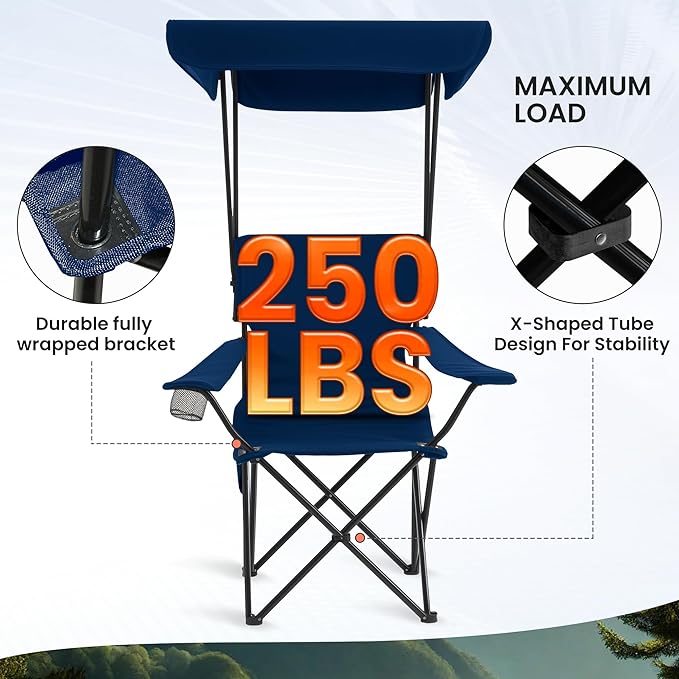 Portable Camping Chair 2 Pack with Foldable Canopy, Folding Outdoor Chair with Cup Holder & Side Pocket for Camping, Hiking, Picnic, Beach (Navy Blue)