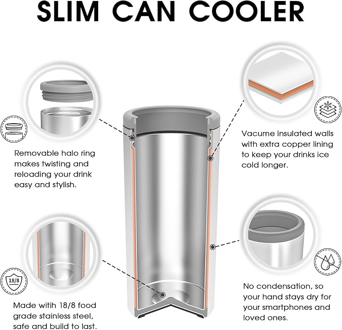 TILUCK Skinny Can Cooler for Slim Beer & Hard Seltzer, Stainless Steel, Doucle-Walled Stainless Steel Insulated Slim Cans, Standard 12 oz (Lavender)