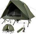 GYMAX 2-Person Tent Cot, 3 in 1 Folding Off-Ground Cot Bed Combo with Portable Wheeled Bag, Waterproof Rainfly, 2 Mesh Doors & Skylight Roof for Hiking, Backpacking, Outdoor