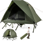GYMAX 2-Person Tent Cot, 3 in 1 Folding Off-Ground Cot Bed Combo with Portable Wheeled Bag, Waterproof Rainfly, 2 Mesh Doors & Skylight Roof for Hiking, Backpacking, Outdoor