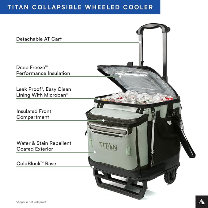 Titan Deep Freeze 60 (50+10) Can Wheeled Cooler - Collapsible Rolling Cooler with Wheels and All-Terrain Cart