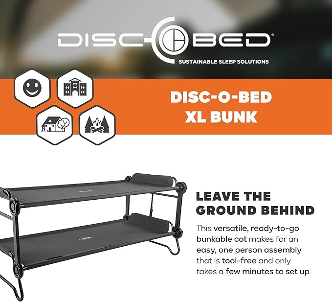 Disc-O-Bed Extra Large Portable Bunk Camping Cots with Carry Bags - Heavy-Duty Indoor or Outdoor Sleeping System, Converts to Bench or Separate Beds, 500 lb Weight Capacity Per Cot, Black