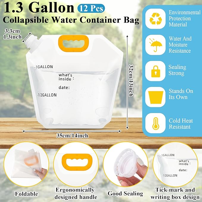 Tessco for you 12 Pack 1.3 Gallon Collapsible Water Storage Bag Water Container Emergency Jug Plastic Storage Pouch Freezable Carrier Tank Foldable Bottle for Outdoor Sport Camping (Clear with Scale)