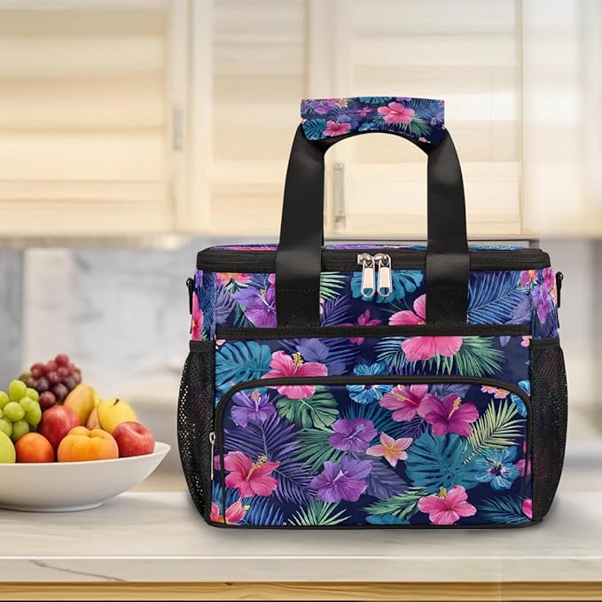 Tropical Flower Palm Leaf Soft Cooler Bag Insulated Lunch Box for Men & Women, Large Leakproof Lunch Bag Portable Beach Cooler for Work, Picnic, Road Trips,Fishing, Travel, Camping,A-6