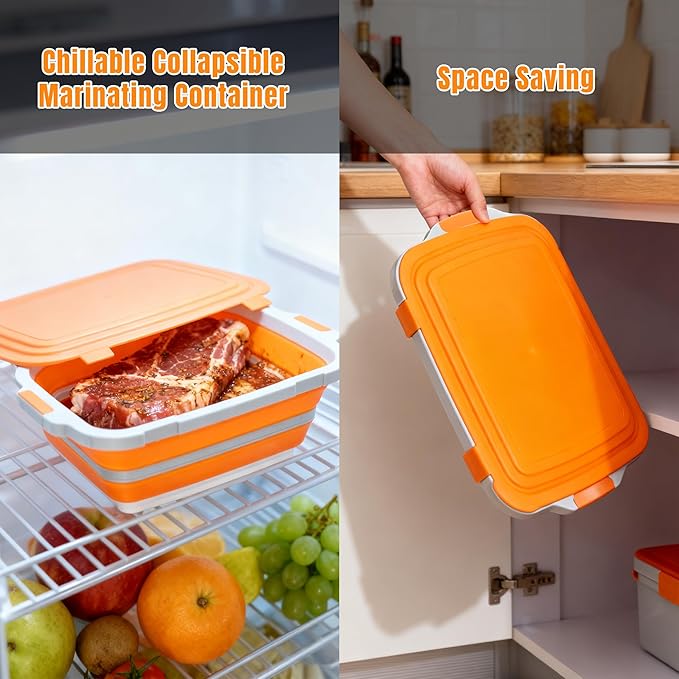 Collapsible BBQ Prep Tub with Cutting Board & Lid, Folding Food Container BPA-Free Heavy-Duty, Dishwasher Safe, Upgraded Drain Hole - for Camping, Grilling Outdoor Cooking (Orange, X-Large)