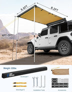 JOYTUTUS Vehicle Awning 6.6'x8.2' Roof Rack Pull-Out Sun Shade UV50+, Weatherproof 4x4 Side Sunshade for Camping, Car Awning with Adjustable Hardware, Quick Set-up, SUV/Truck/Van/Jeep