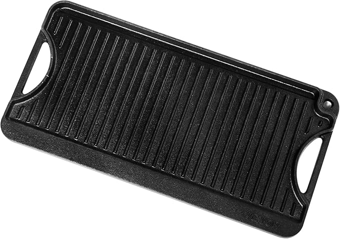 VEVOR Reversible Grill/Griddle, 20x10 inch Pre-Seasoned Cast Iron Griddle, Portable Rectangular Pan with Handle, Family Cookware for Indoor/Outdoor Stove Top Burner, Gas, Camping BBQ, Black
