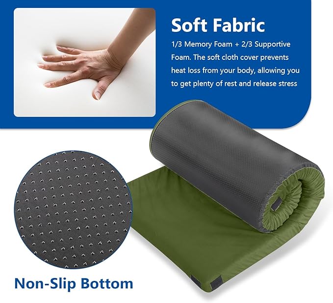 Memory Foam Camping Mattress Pad, Camping Essentials, Portable Mat, Guest Bed for Sleepover Car, Roll Up Floor Bed for Tent, Cot, Truck, SUV, Outdoor Travel with Travel Bag