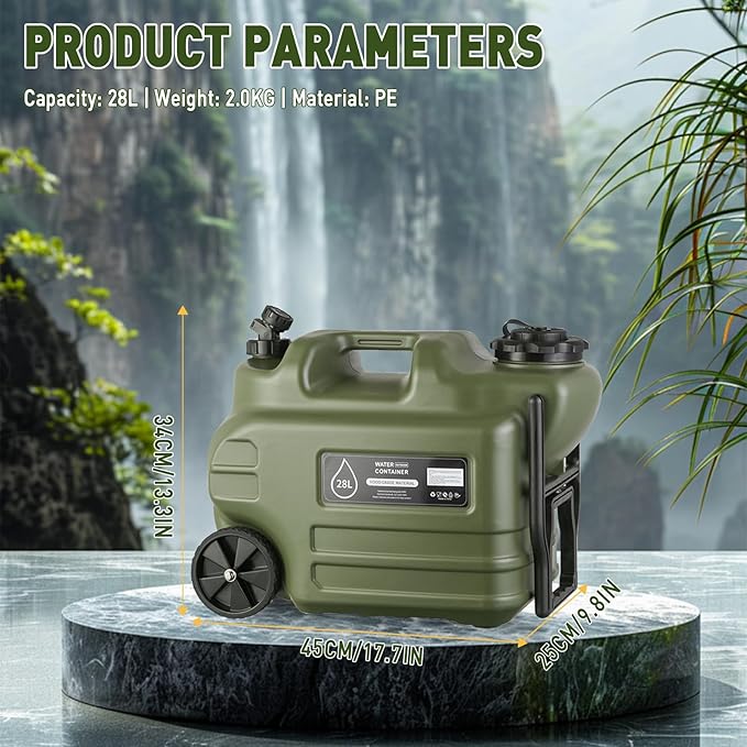 7.4 Gallon Water Jug, 28L Portable Water Container with Wheel & Pull Handl, Spigot, Cleaning Brush, Detachable Hose & Extra Lid, BPA-Free Camping Hydration Canteen, Outdoor Tank Storage PE - Green