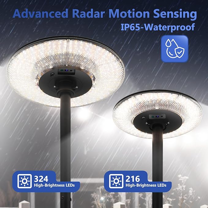 Solar Street Lights Outdoor with Pole, Waterproof Motion Sensor Solar Lamp Posts with Remote Control at 360° omnidirectional for Yard, Camping, Garden, Outside (106.3" Pole with 324 LED)