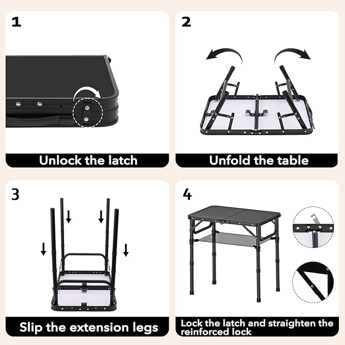 Small Folding Camping Table with Storage Net, 3 Adjustable Heights Foldable Table Lightweight & Portable with Carry Handle for Outdoor Indoor, Pure Black