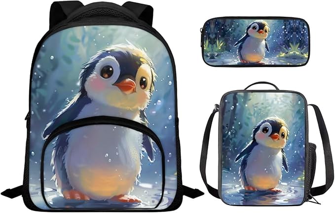 Penguin School Backpack Set for Boys Elementary School Bookbags with Lunch Box and Book Sleeve Casual Primary Bookbag Kindergarten Schoolbags 3 in 1