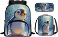 Penguin School Backpack Set for Boys Elementary School Bookbags with Lunch Box and Book Sleeve Casual Primary Bookbag Kindergarten Schoolbags 3 in 1