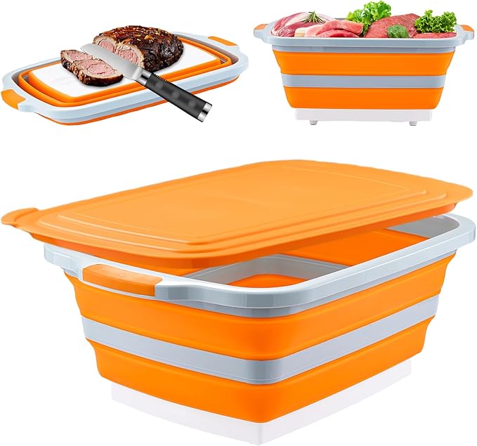 Collapsible BBQ Prep Tub with Cutting Board & Lid, Folding Food Container BPA-Free Heavy-Duty, Dishwasher Safe, Upgraded Drain Hole - for Camping, Grilling Outdoor Cooking (Orange, XX-Large)