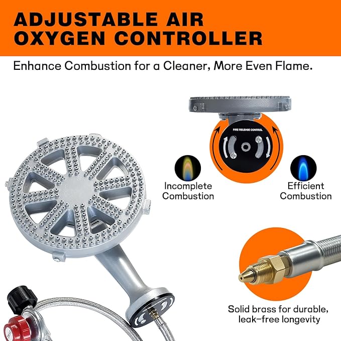 Veralune High-Pressure Cast-Iron Propane Burner Head Round Burner Head with 20 PSIG Adjustable Regulator, Hose & Brass Fittings for Turkey Fryer Burners, Outdoor Cooking, Camping