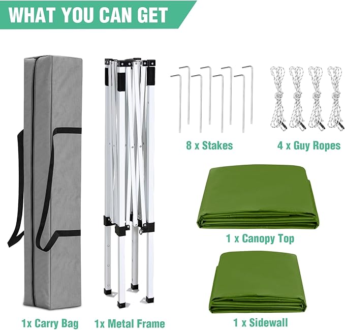 5x5 Pop Up Canopy Tent with One Sidewall, Instant Portable Beach Canopy, Outdoor Tent with Carry Bag for Camping, Sports, Tailgating, Events, Grass Green