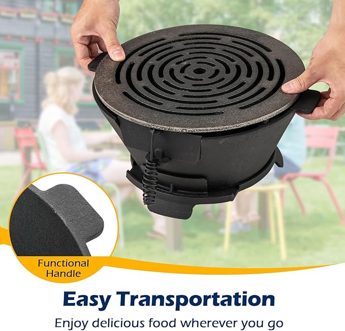 Happygrill Cast Iron Hibachi Charcoal Grill, Portable Japanese BBQ Grill w/ 12” Double-Sided Grate, Air Regulating Door & Fire Gate, Outdoor Tabletop Hibachi Grills for Camping, Picnic