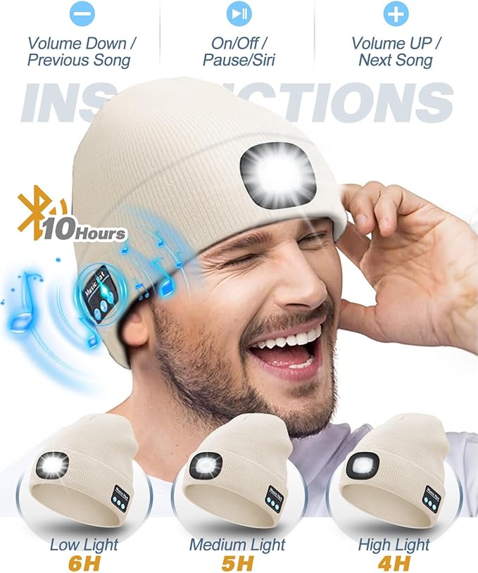 Bluetooth Beanie with Light, USB Rechargeable LED Headlamp Winter Hat, Men Women Valentine's Day Gifts