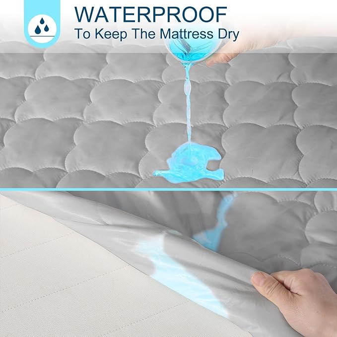Queen Air Bed Mattress Pad with 15-24 Inch Deep Pockets - Waterproof Protector for Warm Sleep & Cold Air Insulation,Perfect for Camping, Guest Bed, Pets & Overnight Visitors-Gray